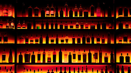 Rows of bottles on shelf in bar, back lighting, my own photo used as reference - obrazy, fototapety, plakaty