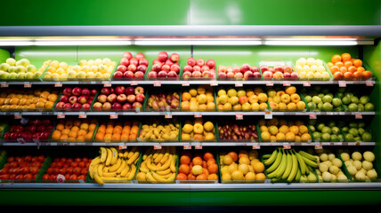 Shelf with fruits in food supermarket