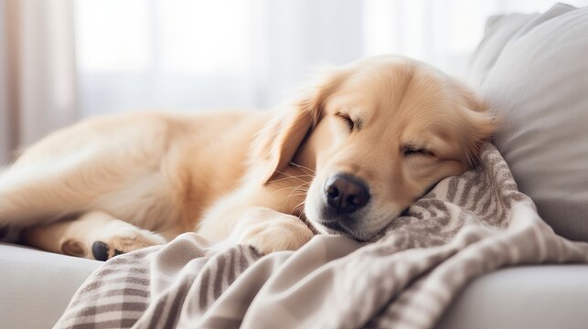 Cute dog sleeping comfortably on sofa with space for text on left   top side of image