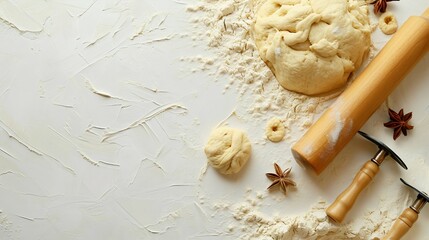 Fototapeta na wymiar Baking Preparation with Fresh Dough and Tools on White Surface. Generative ai