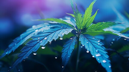 Ultra hd 3d marijuana leaves with dew drops in morning fog, surreal wide angle perspective