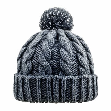 Classic Gray Knitted Winter Hat with Pom-Pom on White Background. Generative ai