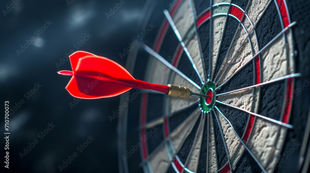 Poster red dart hits center target with precision in bullseye round