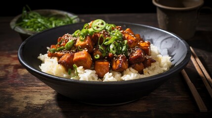 Delectable Tofu Teriyaki Bowl on Rice with Fresh Greens and Sesame Seeds, Asian Cuisine Delight