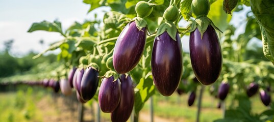Abundant eggplant harvest on open plantation bathed in warm sunlight of a blissful summer day. - obrazy, fototapety, plakaty