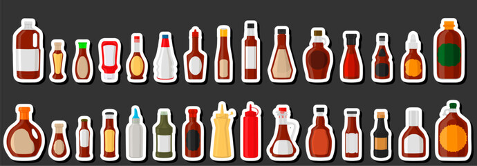 Illustration on theme big kit varied glass bottles filled liquid sauce ketchup - obrazy, fototapety, plakaty