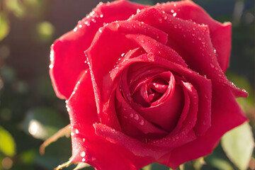 A close-up of a dewy red rose in the morning light