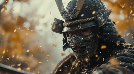 Samurai Warrior in Full Armor Amidst Battle. Generative ai