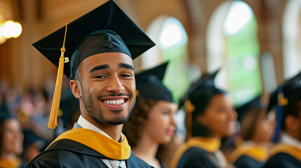 young man at a graduation ceremony, smiling wearing a graduation cap and gown accomplishment blurred background