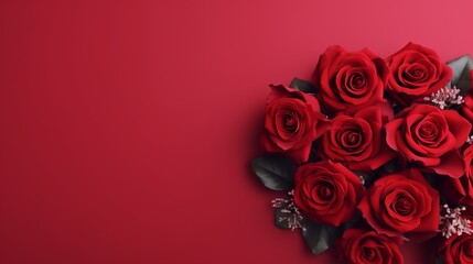 A bouquet of red roses with space for your flower shop or floral arrangement advertisement on a solid crimson background.