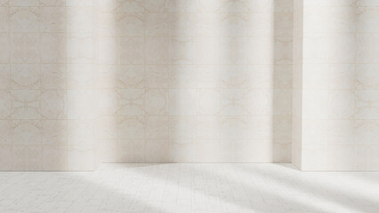 Bright empty room with sunlight from windows, tiled wall and white wooden floor, white tile wall, empty wall and wooden floor stage and product placement, empty room background minimalism sunlight