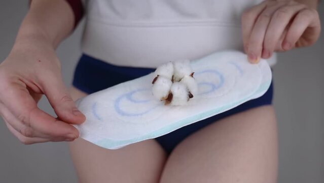 Sanitary napkin and cotton plant flower. The girl shows a cotton sanitary pad against the background of her panties. Concept of plastic-free products for women menstruation. Eco friendly products