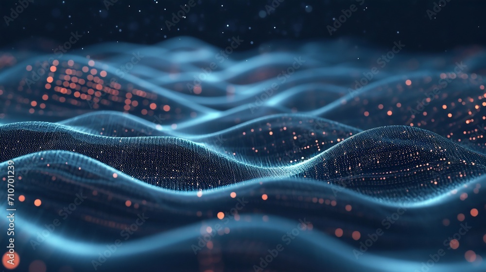 Poster digital waves: abstract data particles flow. generative ai