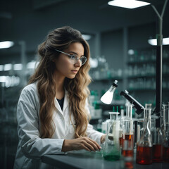 Beautiful long-haired young woman chemist in chemical laboratory doing research and experimenting