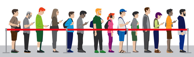 Group of people standing waiting in line queue horizontal format
