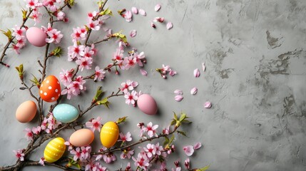Obraz na płótnie Canvas Blooming cherry blossom tree with colorful Easter eggs. Beautiful and festive image perfect for greeting cards, posters, and fabric prints.