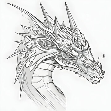 Detailed Pencil Sketch Of A Curved Dragon Head Facing Right In White Gray Outlined In Black