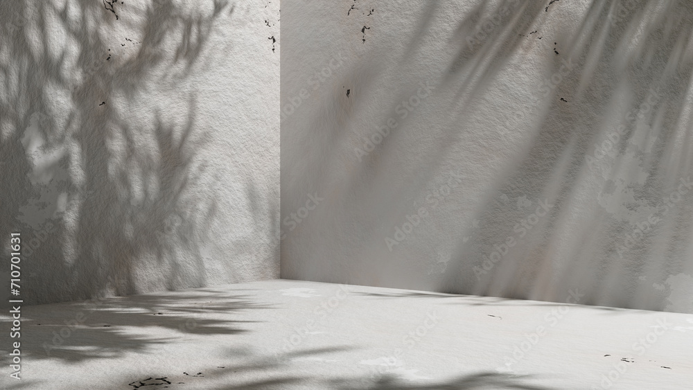 Poster empty abstract room corner with sunlight beams and trees leafs shadows, room made of concrete floor 