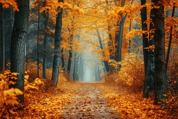 autumn in the woods.  "Autumn Whisper: Serene Forest Path in Golden Light"