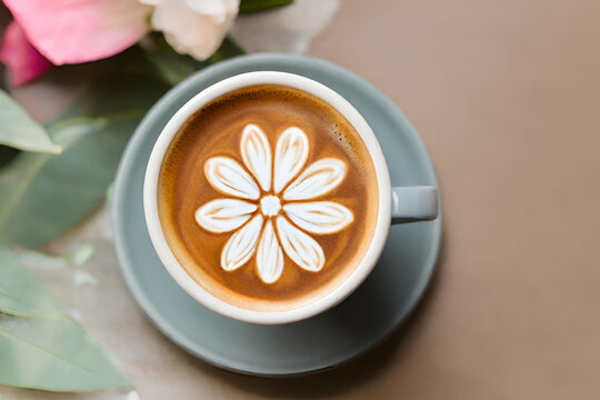 A coffee cup with a latte art flower design