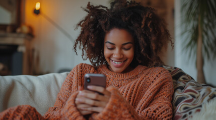 A smiling girl is sitting on the sofa with a phone in her hands, happy black girl with her phone