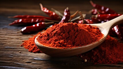 Vibrant paprika powder in spoon on wooden surfaceCopy space banner for food and spice concepts