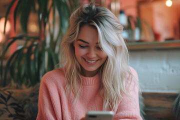 Beautiful blonde hair woman smiling,woman using her cellphone while sitting in the living room during the day. Keeping her social media fans updated