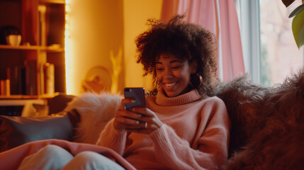 A beautiful black girl looking and smiling at her phone and checking social media in a living room, nearby a window