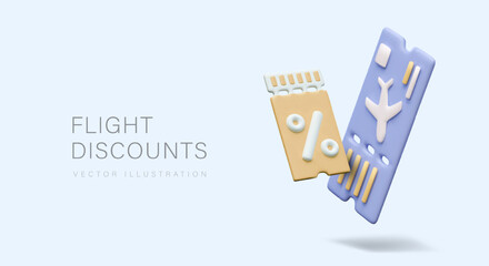 Concept of discounts on flights. Hot tours. Promotional offer from carrier, travel agency. Advertising banner with 3D illustration and place for text. Air tickets at reduced prices