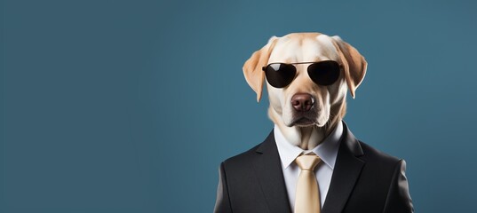Fashionable dog in sunglasses and suit, isolated on blue background with text space on the left - obrazy, fototapety, plakaty