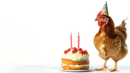 Chicken wearing a birthday hat in front of a birthday cake isolated on white background