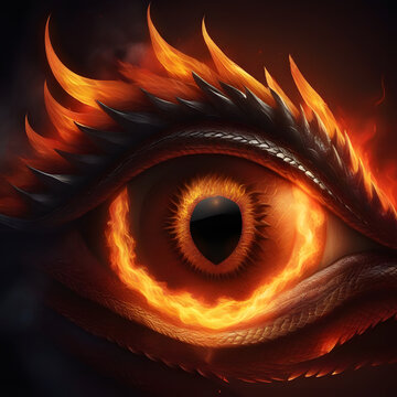 Eye of a mythological dragon on fire.