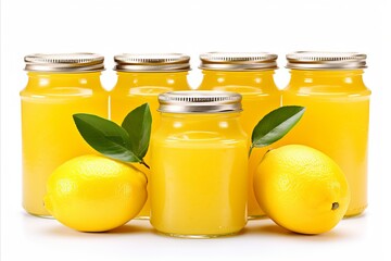 Vibrant homemade lemon jam on white background, perfect for text placement or branding