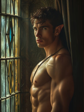 portrait of a handsome elf standing in front of a window - generative ai