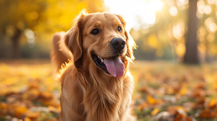 golden retriever in autumn park, 
a loyal and loving dog wagging its tail, waiting eagerly for its owner's return
