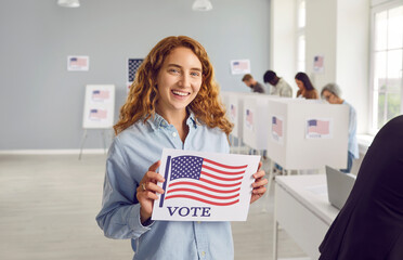 Portrait of responsible female citizen of United States of America who cast her vote in democratic...