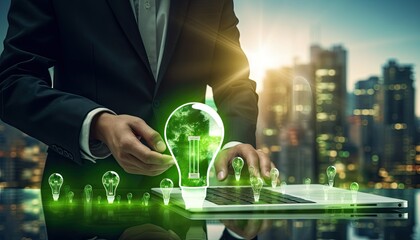 Human interaction of advanced technology based on AI hologram with greenery city concept, eco-friendly city with hologram network light bulb screen icons for energy source renewable.