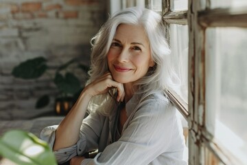 Close up facial portrait of pretty senior woman with freckles and wrinkles smiling at camera widely posing against background of light room with fancy interior, looking elegant and charming