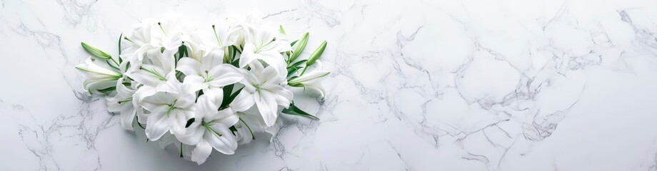 Obraz na płótnie Canvas memorial bouquet of white lilies. heart shaped flower arrangement. on white marble horizontal wallpaper with large copy space for text. Condolence, wedding , loss, funerals, support