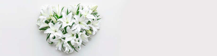 Fototapeta na wymiar wedding or memorial bouquet of white lilies. heart shaped flower arrangement. horizontal wallpaper with large copy space for text. Condolence, grieving card, loss, funerals, support