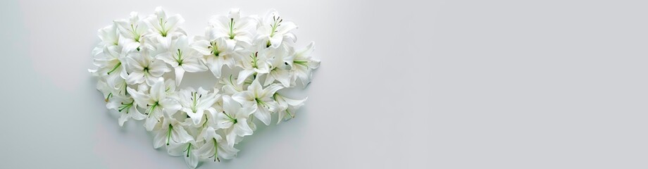 Obraz premium wedding or memorial bouquet of white lilies. heart shaped flower arrangement. horizontal wallpaper with large copy space for text. Condolence, grieving card, loss, funerals, support, wedding 