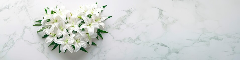 Obraz premium memorial bouquet of white lilies. heart shaped flower arrangement. on white marble horizontal wallpaper with large copy space for text. Condolence, grieving card, loss, funerals, support