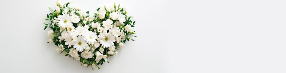 wedding  bouquet of white lilies. heart shaped flower arrangement.  horizontal wallpaper with large copy space for text. Condolence, grieving card, loss, funerals, support