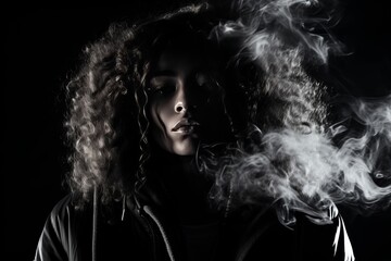 Beautiful woman enjoying a cigarette and releasing a graceful plume of smoke into the air