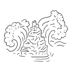 Hand drawn sketch of rock in waves isolated on white background