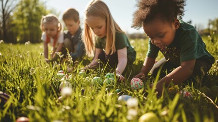 Little happy black kids are hunting for Easter eggs. Easter traditions.
