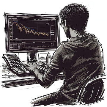 Person trading cryptocurrencies on a computer isolated on white background, sketch, png
