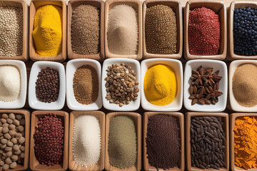 a wooden table topped with bowls filled with different types of spices,generative ai