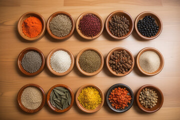 a wooden table topped with bowls filled with different types of spices,generative ai