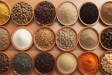 a wooden table topped with bowls filled with different types of spices,generative ai